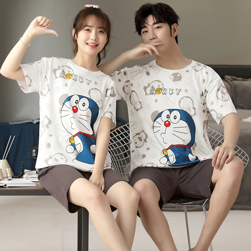 

Couple Pajamas Sets Women Man Anime Doraemon Pijama Cotton Korean Men Sleepwear Short Sleeve Cute Lovers Women Nightwear