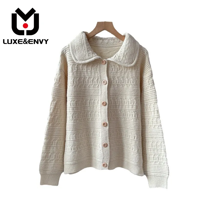 

LUXE&ENVY French Style Lapel Lazy Long Sleeved Cardigan Sweater For Women New Soft Glutinous Design Sense Niche 2023 Winter