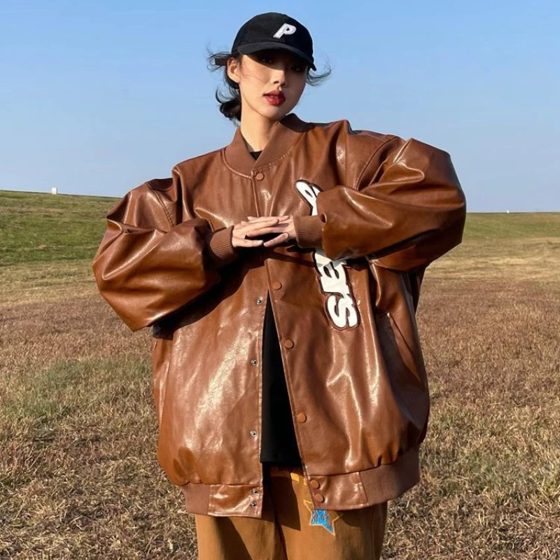 

Американская Кожаная куртка в стиле ретро с Вышивкой Букв женская уличная куртка Y2K модный бейсбольный костюм в стиле хип-хоп повседневная кожаная куртка для пар