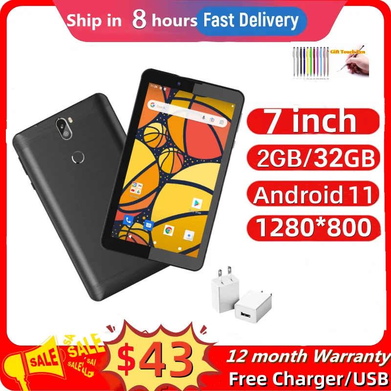 

7 Inch Gift Silicone Case Android 11 Tablet PC 2GB RAM 32 GB ROM 7232 3G Phone Calling SC7731E Quad-Core Dual Camera 5.0M