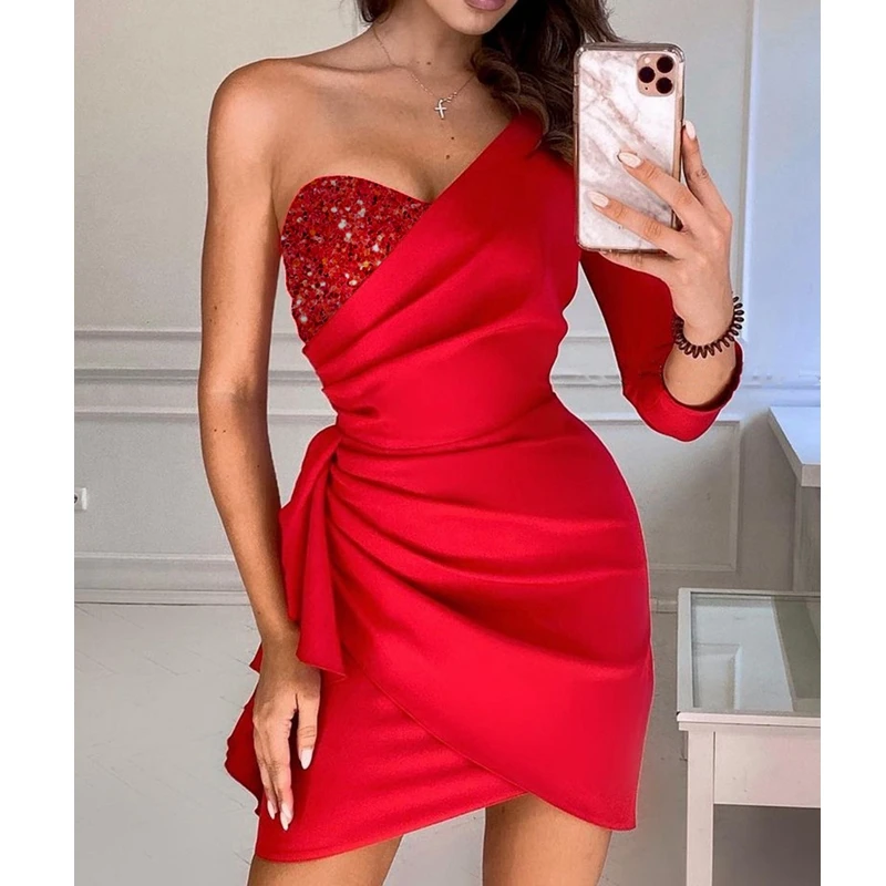 Women Dress Sexy Sequin Stitching Slim Pleated Slit Dress Women One Shoulder Long Sleeve Off Shoulder Slash Neck Irregular Dress
Women Dress Sexy Sequin Stitching Slim Pleated Slit Dress Women One Shoulder Long Sleeve Off Shoulder Slash Neck Irregular Dress