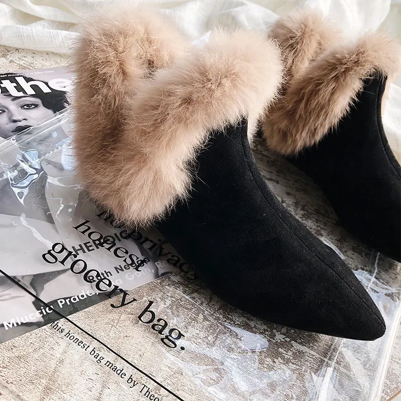 

Winter Boots Lady Female Shoes Flat Heel Plush 2023 Fur Rock Mid-Calf Rubber Low Pointy Mid Calf Rome Lace-Up Basic Flock Point