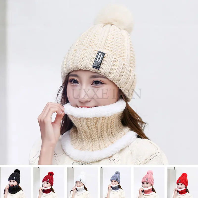 

Women's Knitted Hat Scarf Caps Neck Warmer Winter Hats For Men Women Balaclava Skullies Beanies Warm Fleece Cap 7 Colors