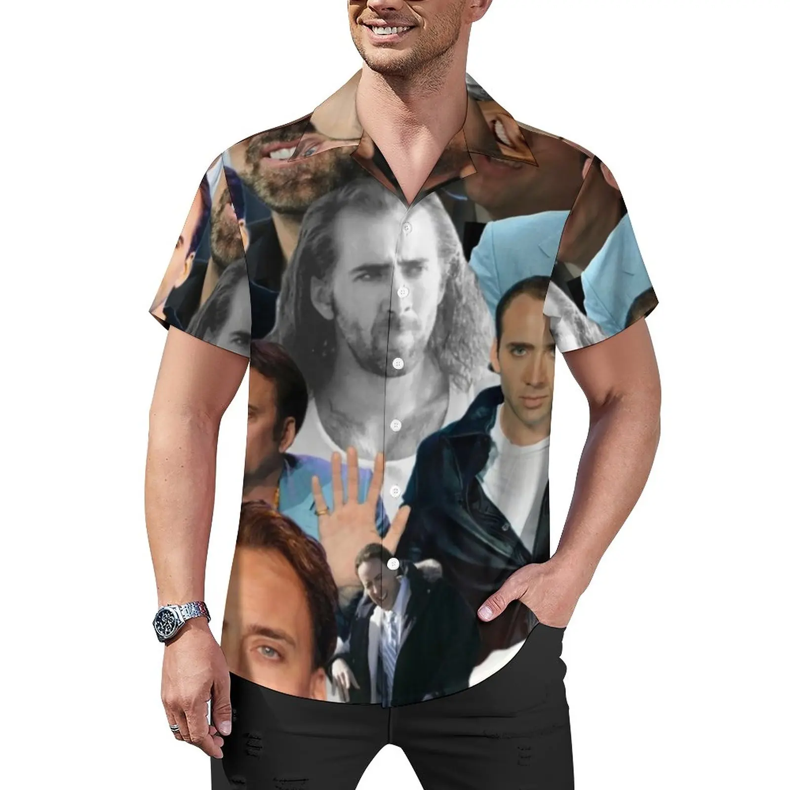 

Повседневная пляжная Свободная рубашка с забавным принтом Николаса Кейджа, Гавайские блузки Y2K с коротким рукавом, топы большого размера с графическим принтом