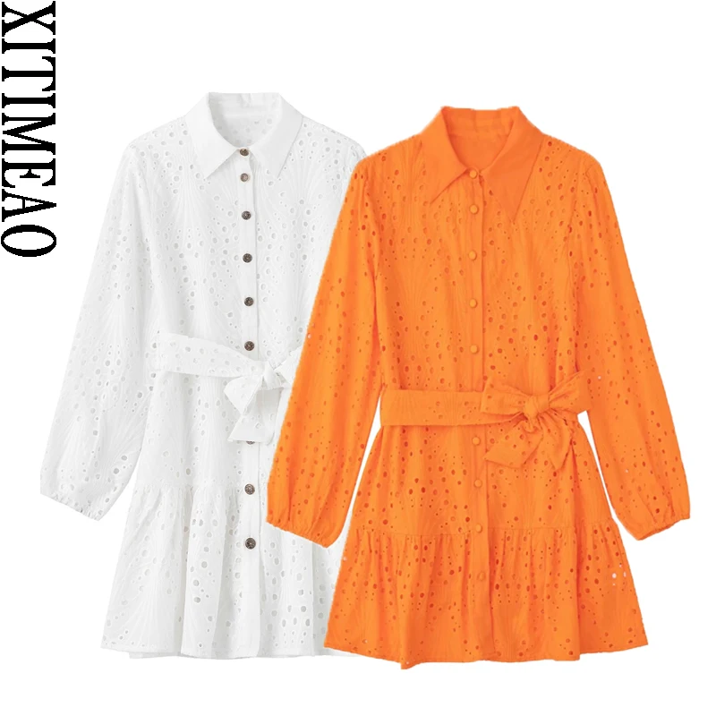 Xitimeao Women Chic Fashion Hollow Out Embroidery With Belt Mini Shirt Dress Vintage Long Sleeve Button-up Female Dresses Vestid
Xitimeao Women Chic Fashion Hollow Out Embroidery With Belt Mini Shirt Dress Vintage Long Sleeve Button-up Female Dresses Vestid