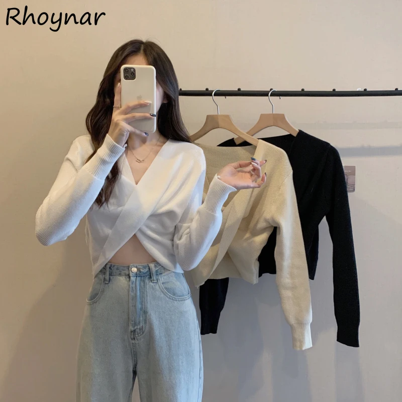 

Pullovers Women Criss-cross Design Stylish Tender All-match Solid College Autumn New Slim Casual Ulzzang Slouchy Crop Sweater