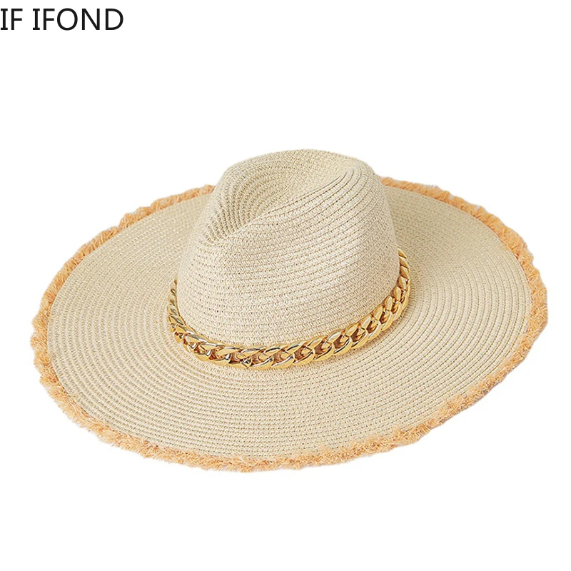 New Women Luxury Hat Summer 12CM Wide Brim Thick Gold Chain Straw Beach Hats Outdoor Panama Jazz Sun Hats Sombrero Hombre
New Women Luxury Hat Summer 12CM Wide Brim Thick Gold Chain Straw Beach Hats Outdoor Panama Jazz Sun Hats Sombrero Hombre