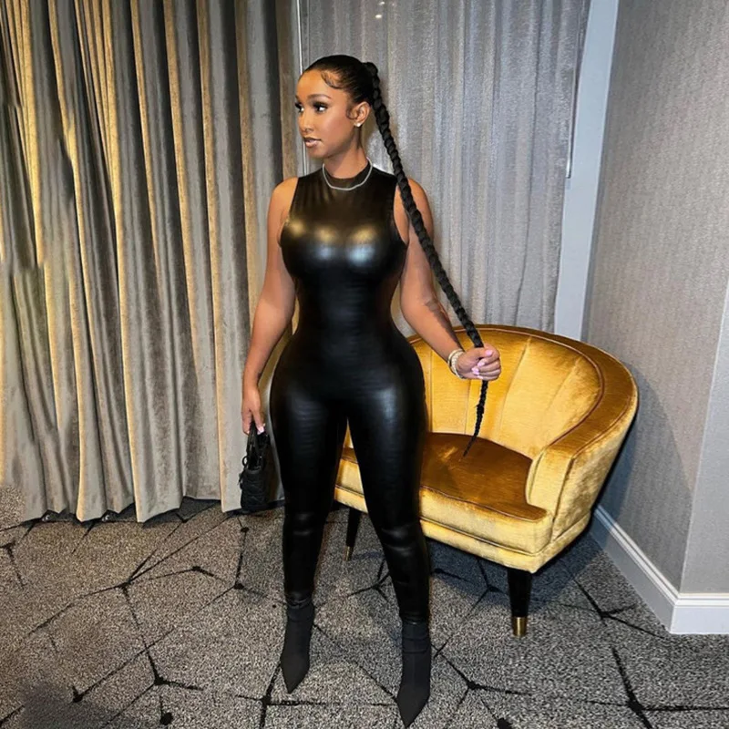 2022 Summer Pu Leather Black Jumpsuit Women Sleeveless Bodycon Playsuit Overalls One Piece Outfit Clothes
2022 Summer Pu Leather Black Jumpsuit Women Sleeveless Bodycon Playsuit Overalls One Piece Outfit Clothes