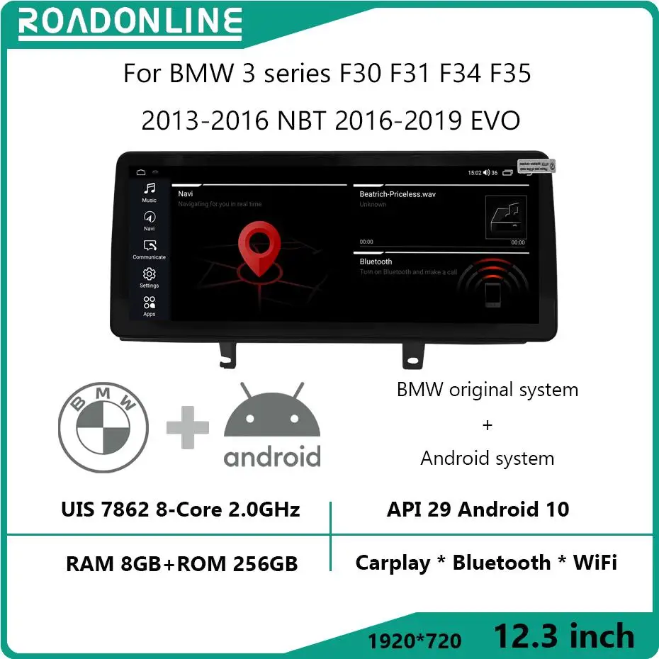 

Android10 12.3inch For BMW 3 series F30 F31 F34 F35 2013-2016 NBT 2016-2019 EVO CarPlay Car Multimedia Player BMW system upgrade