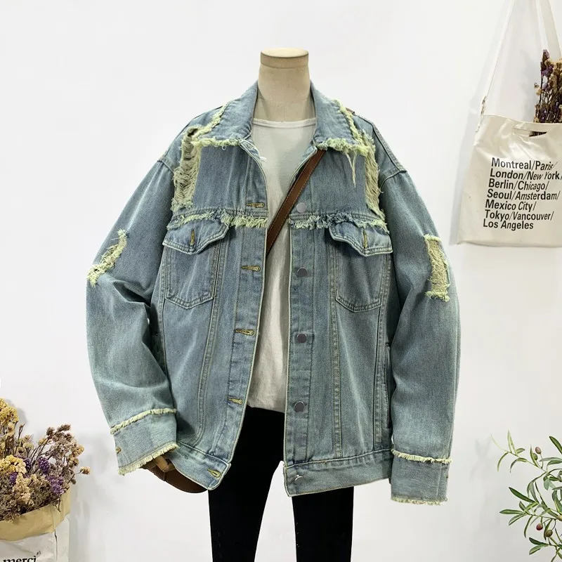 Vintage Washed Light Blue Frayed Hole Denim Jacket Spring Autumn Women Loose Long Sleeve Jeans Jacket Female Casual Basic Coat
Vintage Washed Light Blue Frayed Hole Denim Jacket Spring Autumn Women Loose Long Sleeve Jeans Jacket Female Casual Basic Coat