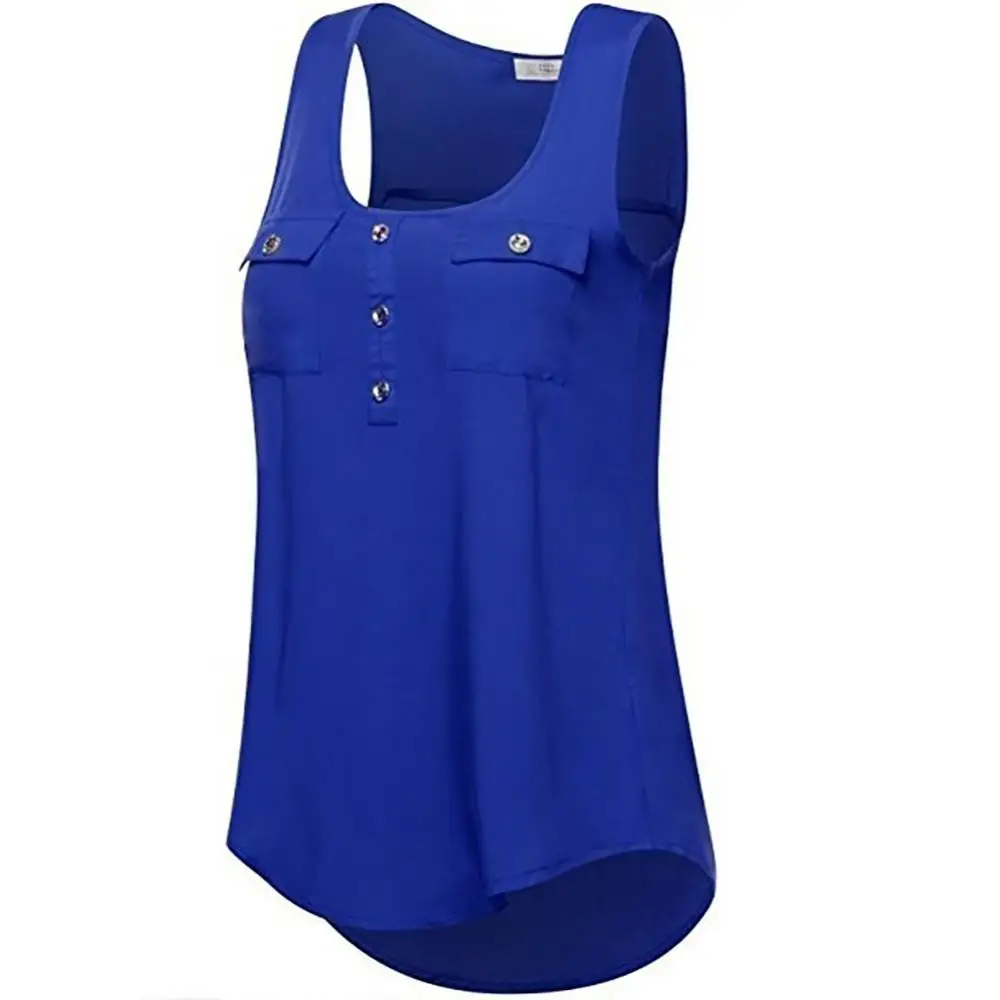 

Women Solid Color Scoop Neck Sleeveless Pockets Buttons Tank Top Vest Blouse This blouse is decorated with buttons and designed