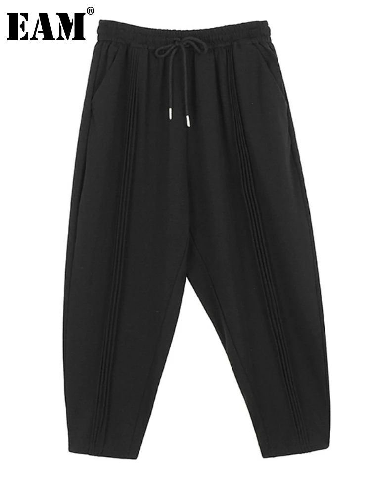 

[EAM] Черные Короткие Длинные шаровары с высокой эластичной резинкой на талии, новые свободные женские брюки, модные весенне-осенние 2023 1DF7231