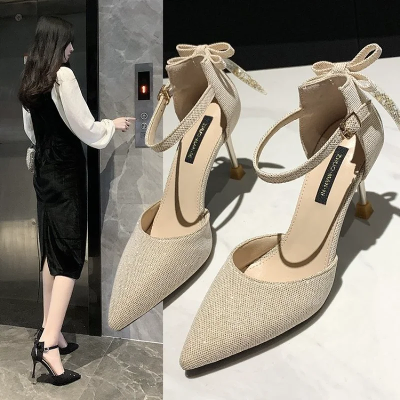 

Nude Color High-heeled Shoes Women 2023 Spring New One-button Fashion Sandals Pointy Thin Heel Lateral void Single Shoes Women