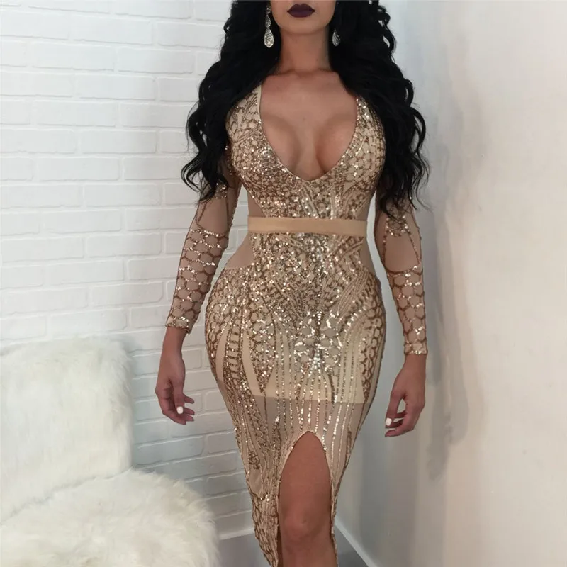 

Sexy Sheer Glitter Sequin Party Dresses Women Long Sleeve Plunge V Neck Front Split See Through Sparkly Bodycon Dress Clubwear