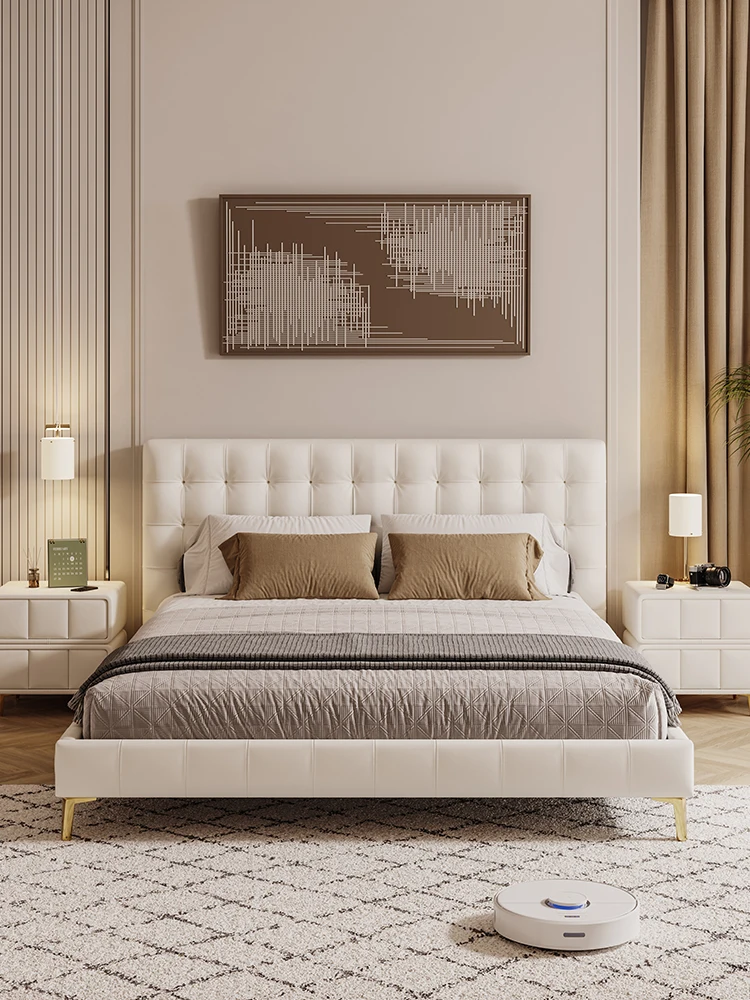 

Кожаная кровать в кремовом стиле, современная простая кровать для хозяйской, двуспальная кровать, роскошная Свадебная кровать 1,8 м, Высококачественная кровать из массива дерева