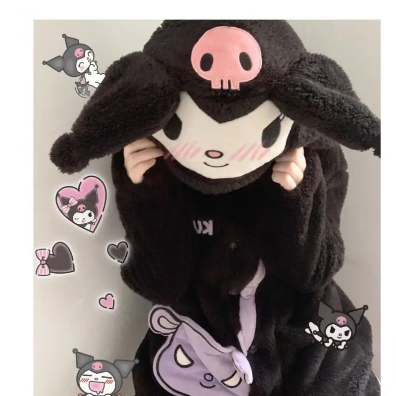 

Kawaii Cute Sanrio Kuromi Robe Pajamas Coral Fleece Household Clothes Thicken Keep Warm Cute Girl Christmas Gift For Girlfriend