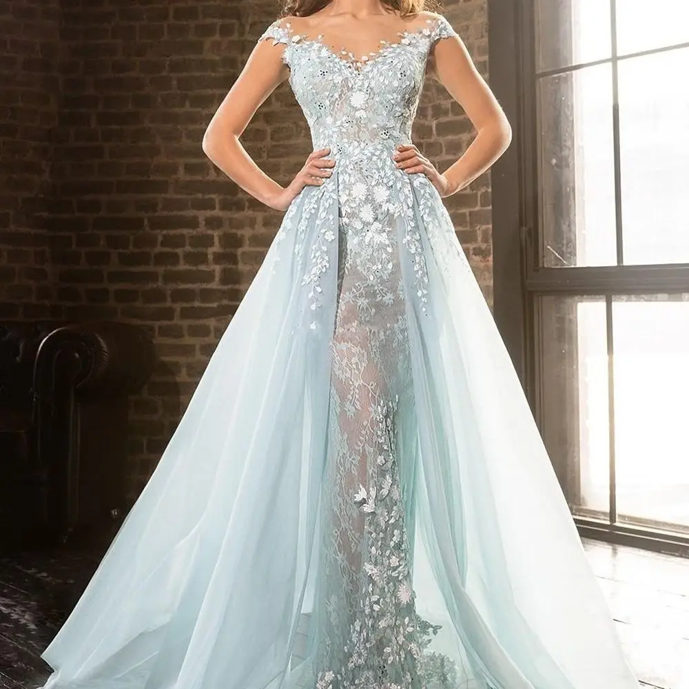 Light Sky Blue Appliques Formal Evening Dresses with Overskirt Train Sexy See Through Lace Beaded Long Prom Celebrity Gowns
Light Sky Blue Appliques Formal Evening Dresses with Overskirt Train Sexy See Through Lace Beaded Long Prom Celebrity Gowns