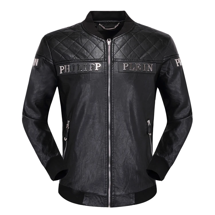 

New Top QP-Philipp Leather Men's Faux Leather PU Metal Letter Embroidered Leather Plein Jacket Fashion Locomotive Coat Mix Style