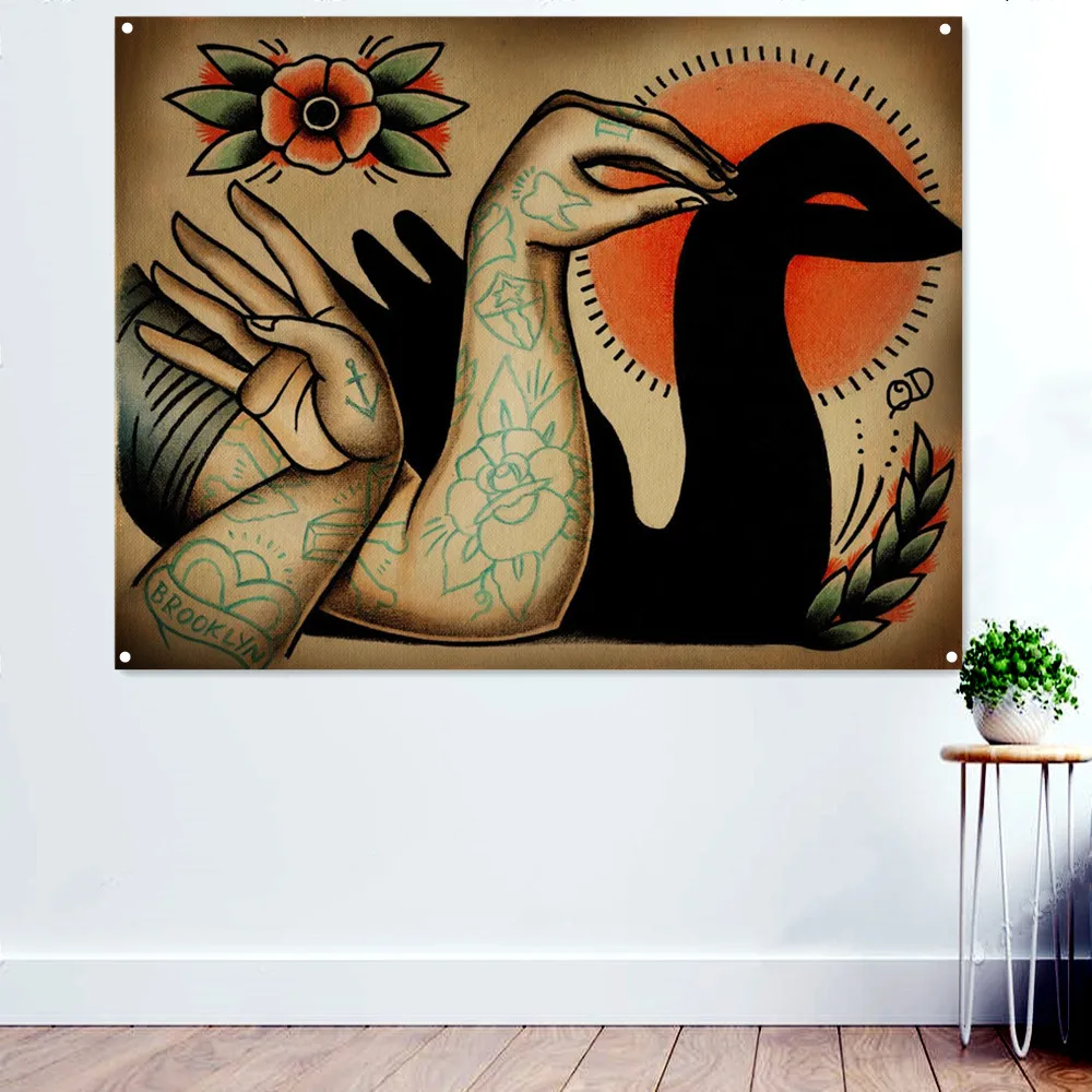 Gesture Shadow Tattoo Art Tapestry Wall Hanging Flag With four Metal Buckles Polyethylene Banner Barber Shop Wall Decor Painting 
Gesture Shadow Tattoo Art Tapestry Wall Hanging Flag With four Metal Buckles Polyethylene Banner Barber Shop Wall Decor Painting