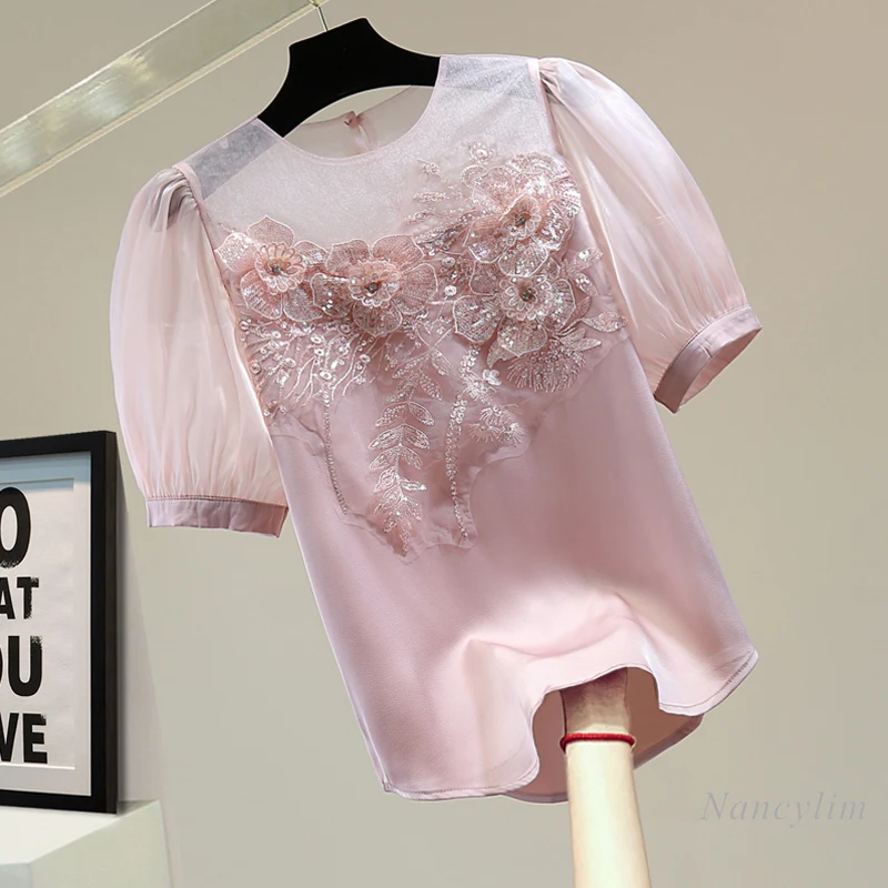 

2022 Summer Sweet Blouse Femme New Sequined Diamonds Short-Sleeved Top Korean Style Lace Embroidery Solid Color Chiffon Blusas