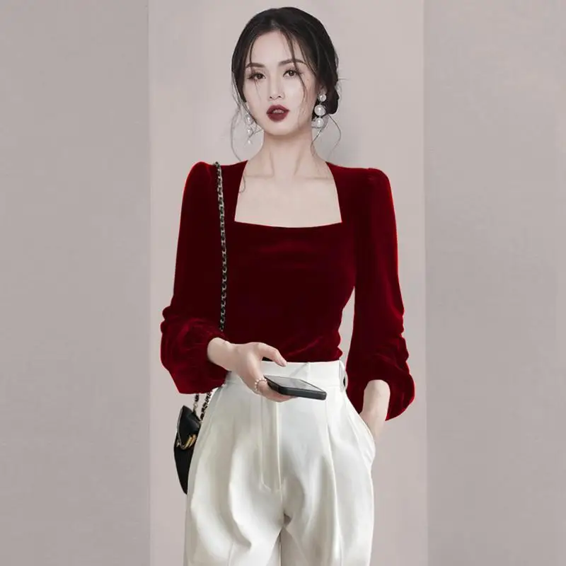 Women Solid T-shirt Autumn New Square Neck Jumpers Long-sleeved Gold Velvet T Shirt Ladies Bottoming Shirt Tops Tee Mujer Q198
Women Solid T-shirt Autumn New Square Neck Jumpers Long-sleeved Gold Velvet T Shirt Ladies Bottoming Shirt Tops Tee Mujer Q198