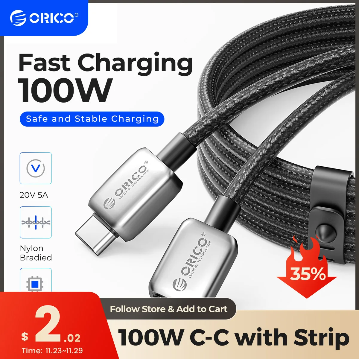 ORICO 100W PD USB C Cable 5A Fast Charging Cord Type C Nylon Braid for MacBook Pro iPad Pro Air Samsung Galaxy Laptop iPhone15
ORICO 100W PD USB C Cable 5A Fast Charging Cord Type C Nylon Braid for MacBook Pro iPad Pro Air Samsung Galaxy Laptop iPhone15