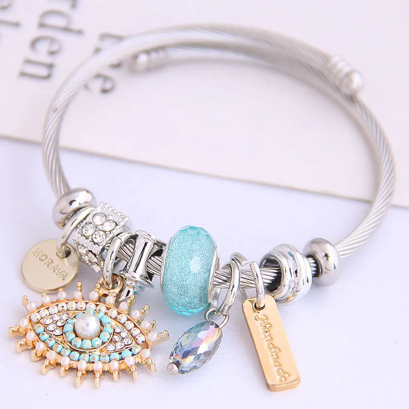 

Lucky Turkish Stainless Steel Bracelet Wire Lucky Evil Eye Enamel Crystals Bead Bracelet Jewelry Women Gifts Cuff Open Jewelry