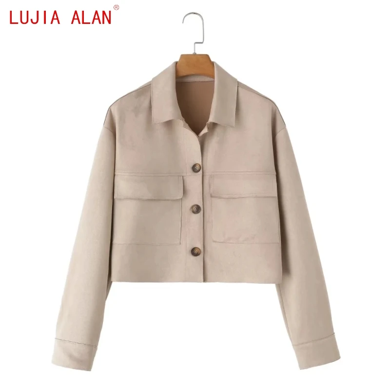 

Autumn New Women Flap Pockets Suede Short Coat Female Casual Long Sleeved Loose Tops LUJIA ALAN C1925