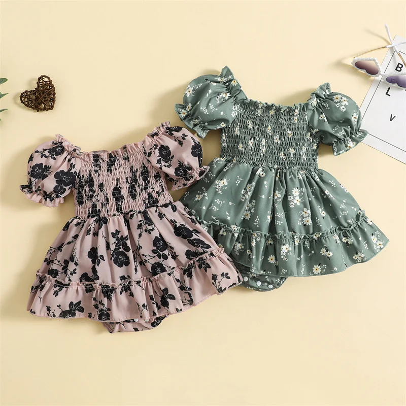 

Летнее Повседневное платье-комбинезон с цветочным принтом для новорожденных, комбинезоны с коротким рукавом и открытыми плечами для маленьких девочек от 0 до 24 месяцев