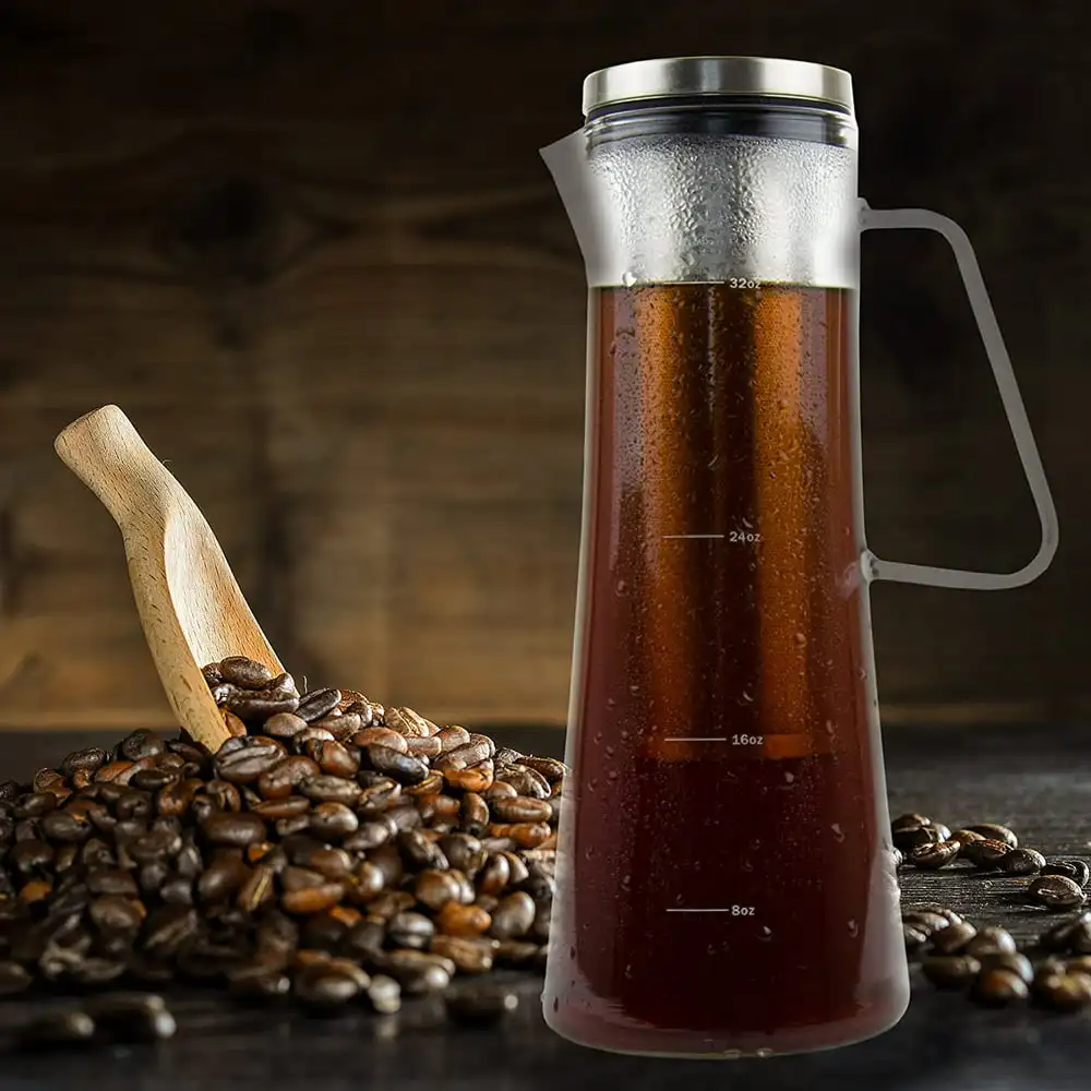 

Cold Brew Coffee Maker Coffee &Tea Pitcher Tea Infuser 1.0L / 34oz Glass Carafe BPA Free Odor & Stain Free Ergonomic Spout