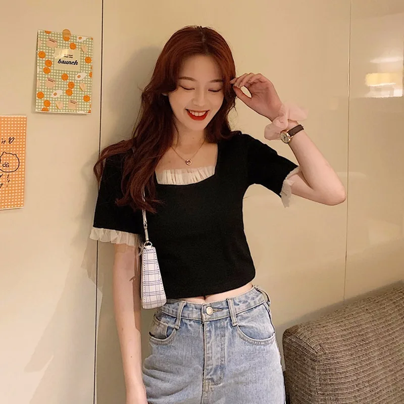 GAODINGLAN Summer Lace Square Collar Women Short Sleeve T-shirts High Waist Short Tops Solid Expose Navel Streetwear Sexy Tees
GAODINGLAN Summer Lace Square Collar Women Short Sleeve T-shirts High Waist Short Tops Solid Expose Navel Streetwear Sexy Tees