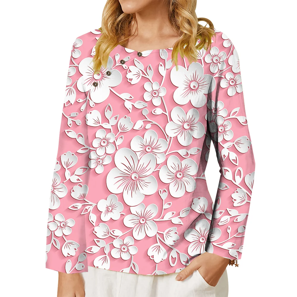 

CLOOCL New Elegant Women Shirt Pink Peach Blossom Graphics 3D Printed Button Decorate Long Sleeve Tee Loose Blouse Female Tops