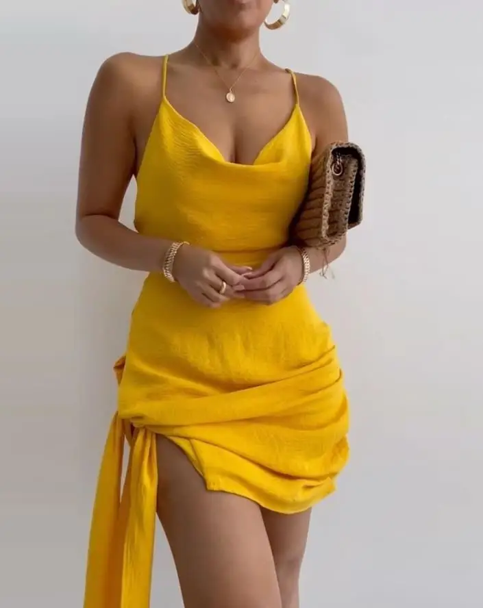 Elegant Women's Dresses 2022 Summer Sexy Cowl Neck Sleeveless Tied Detail Plain Fashion Slit Mini Party Dress
Elegant Women's Dresses 2022 Summer Sexy Cowl Neck Sleeveless Tied Detail Plain Fashion Slit Mini Party Dress