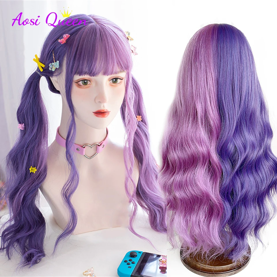 

AS Long Wavy Purple double spell Orange double spell Synthetic Wig Ombre Blonde Wig With Fluffy Bang Women Natural Heat Resistan