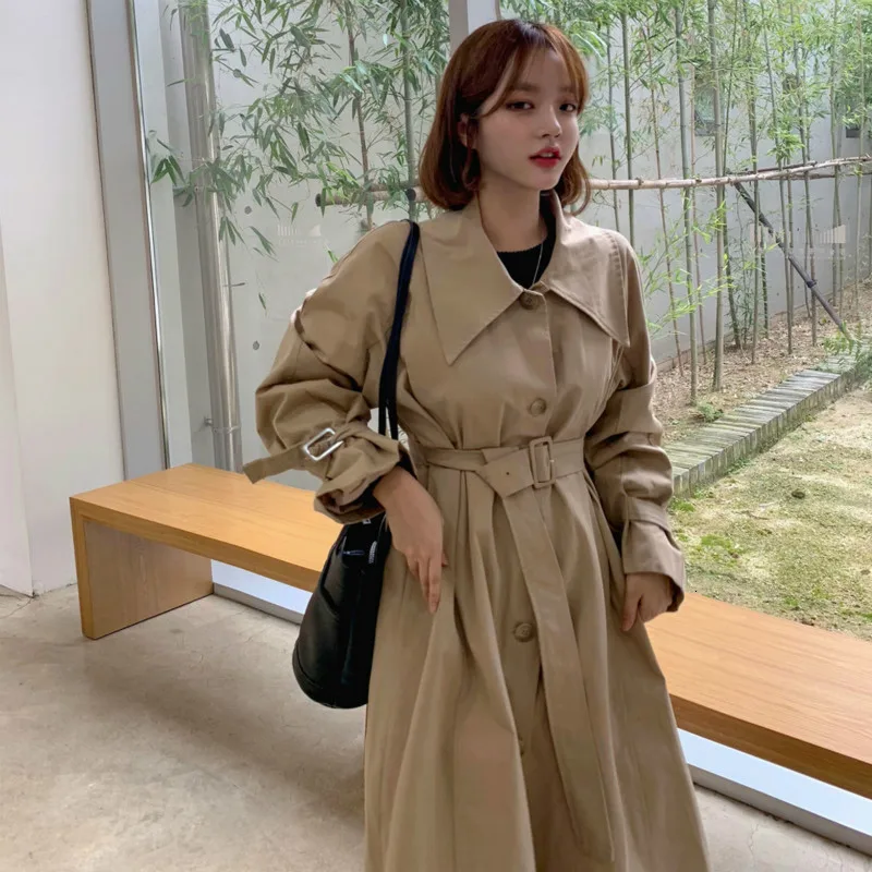 

Women Winter Khaki Turn Down Collar Super Long Trench Coat Slim Waist Long Sleeve Windbreaker A-line Vintage Waistbelt Cloak