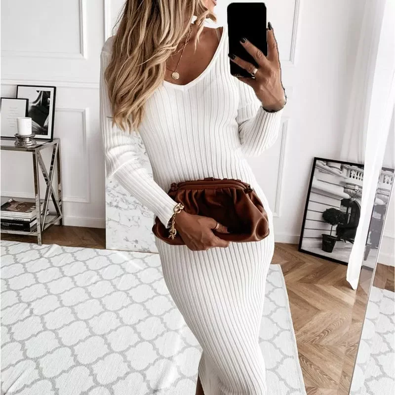 Fashion Knitted Dress Women Long Sleeve V Neck Pencil Dress Temperament Sweet Casual Maxi Dress Push Up Hip Skinny Female Mujer|
Fashion Knitted Dress Women Long Sleeve V Neck Pencil Dress Temperament Sweet Casual Maxi Dress Push Up Hip Skinny Female Mujer|