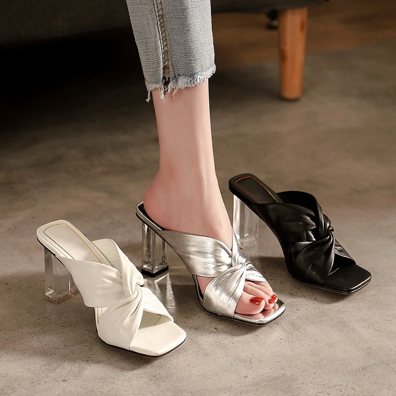 

2023 Summer Square Toe Women Slippers Fashion Thin High Heel Ladies Mules Elegant Female Outside Slides Sandal Shoes