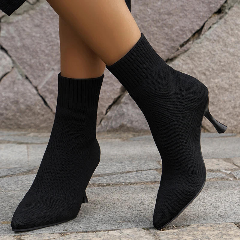 

Трикотажные ботинки-носки на тонком высоком каблуке, женские осенне-зимние ботильоны из эластичной ткани, женские короткие ботинки на шпильке с острым носком