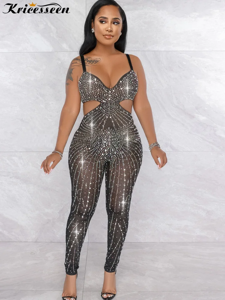 Kricesseen Sexy Black Rhinestone Crystal Mesh Patchwork Jumpsuits Women Strap Hollow Out Skinny One Pieces Rompers Clubwear
Kricesseen Sexy Black Rhinestone Crystal Mesh Patchwork Jumpsuits Women Strap Hollow Out Skinny One Pieces Rompers Clubwear