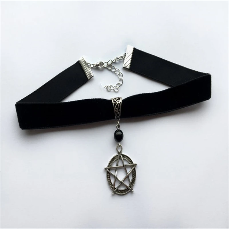 

Pentagram Choker with Black Onyx - Goth Necklace, Pentacle Jewelry, Black Velvet Gothic Jewellery