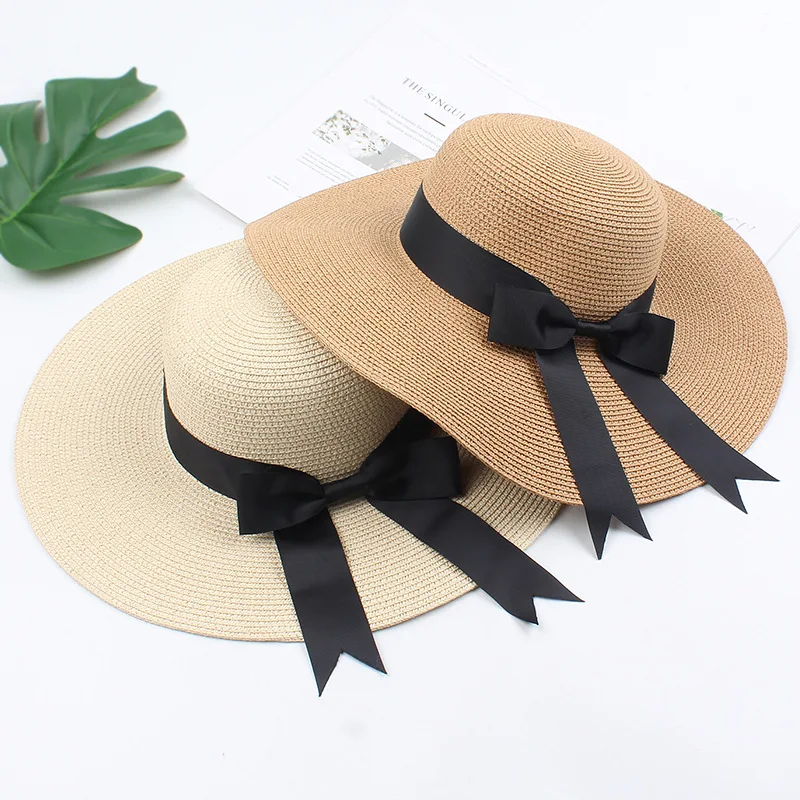 

Women Wide Brim Straw Hat Large Floppy Disk Foldable Roll Hat Retro Panama Bow Beach Sun Hat Seaside Sunshade Panama Cap