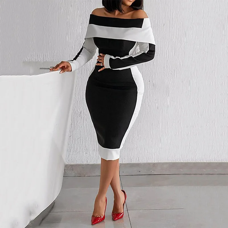 Черно-белое облегающее элегантное платье миди с открытыми плечами, офисное женское облегающее платье с длинным рукавом и высокой талией дл...
Черно-белое облегающее элегантное платье миди с открытыми плечами, офисное женское облегающее платье с длинным рукавом и высокой талией дл...