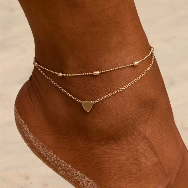 

Huitan 2pcs/Set Heart Anklet for Women Simple Foot Chains Metal Style Fashion Versatile Girls Leg Accessories Barefoot Jewelry