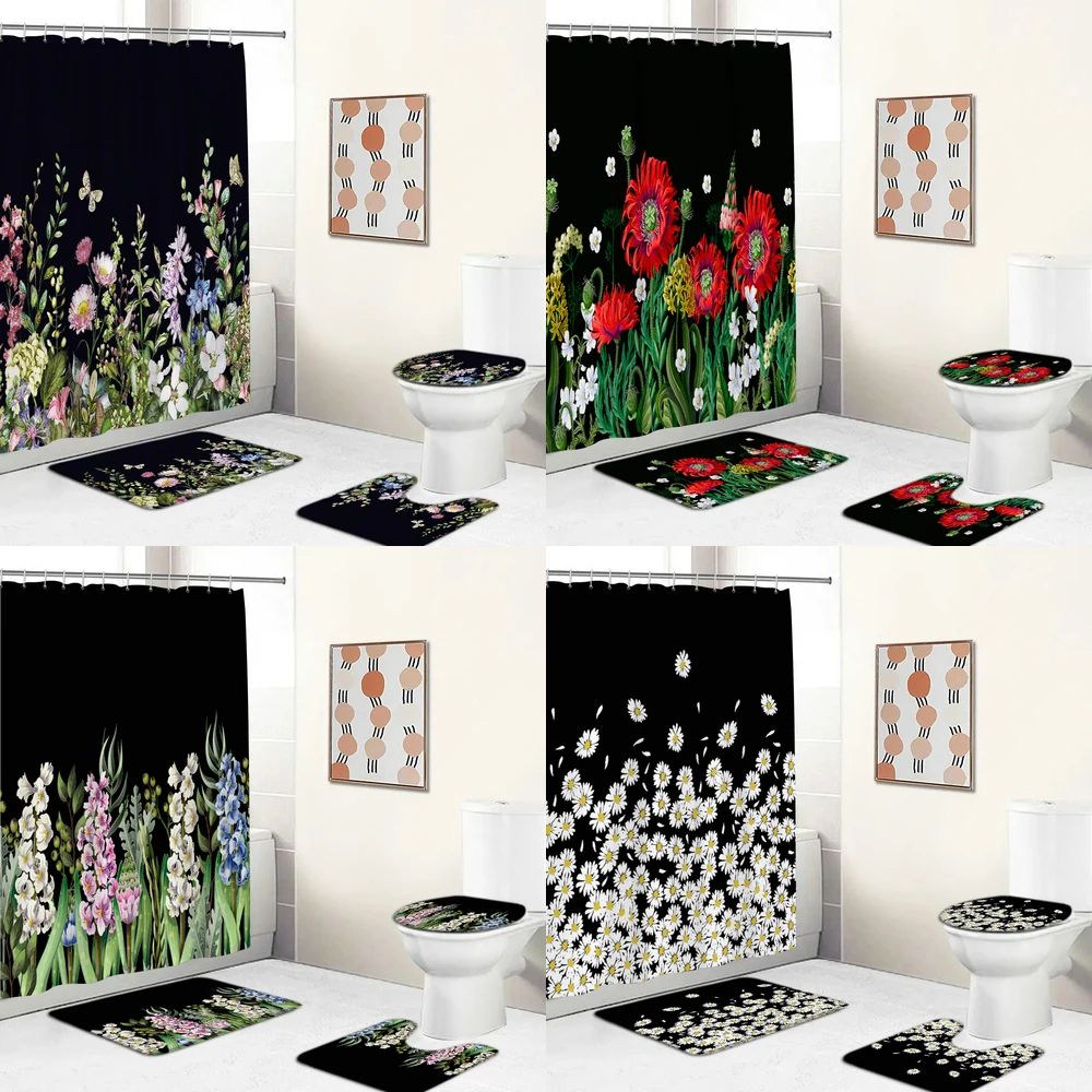

180*180cm Shower Curtain Black Flowers Plant Bathroom Curtains Set Bath Mats Rugs Toilet Lid Cover Anti-slip Pedestal Carpet
