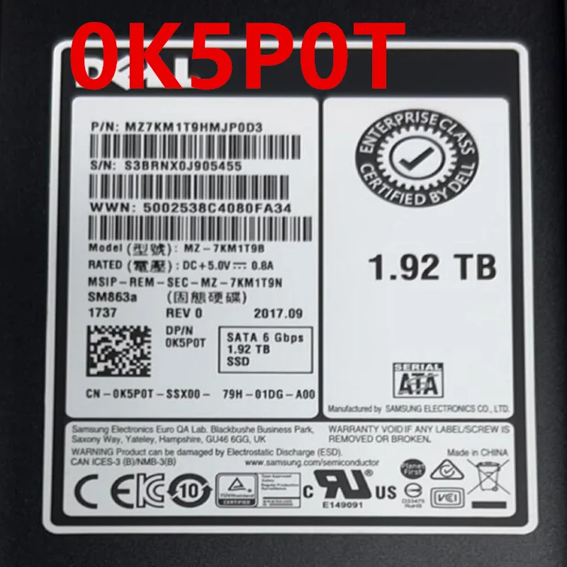 Original Almost New Solid State Drive For DELL 1.92TB 2.5" SATA SSD For 0K5P0T K5P0T 071K37 71K37
Original Almost New Solid State Drive For DELL 1.92TB 2.5" SATA SSD For 0K5P0T K5P0T 071K37 71K37