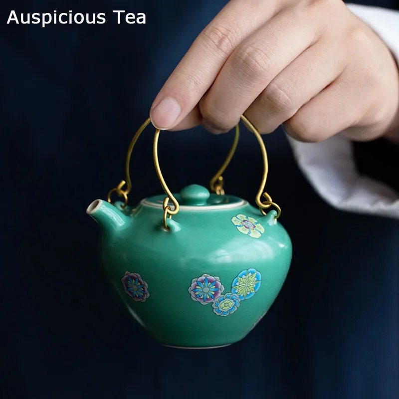 

200ml Creative Ceramic Teapot Handmade Applique Art Small Tea Pot With Filter Hole Japanese Copper Beam Pot Kung Fu Teaware Gift