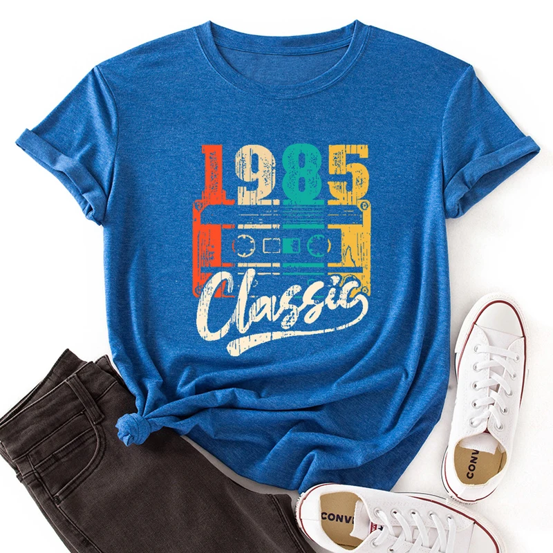Летние хлопковые женские футболки 1985, женские футболки с коротким рукавом и круглым вырезом 
Летние хлопковые женские футболки 1985, женские футболки с коротким рукавом и круглым вырезом