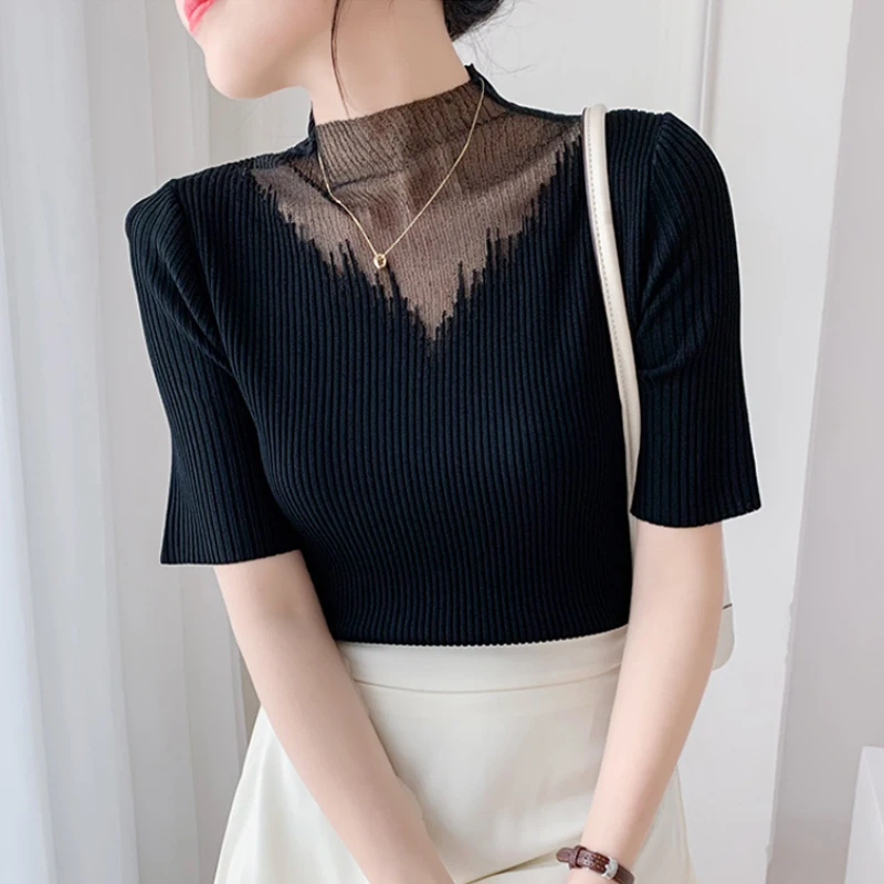 Half High Collar Tops Short Sleeve Knitted Blouse 2023 New Spring and Summer Ice Silk Short Sleeve Shirt Women Clothes 25251
Half High Collar Tops Short Sleeve Knitted Blouse 2023 New Spring and Summer Ice Silk Short Sleeve Shirt Women Clothes 25251