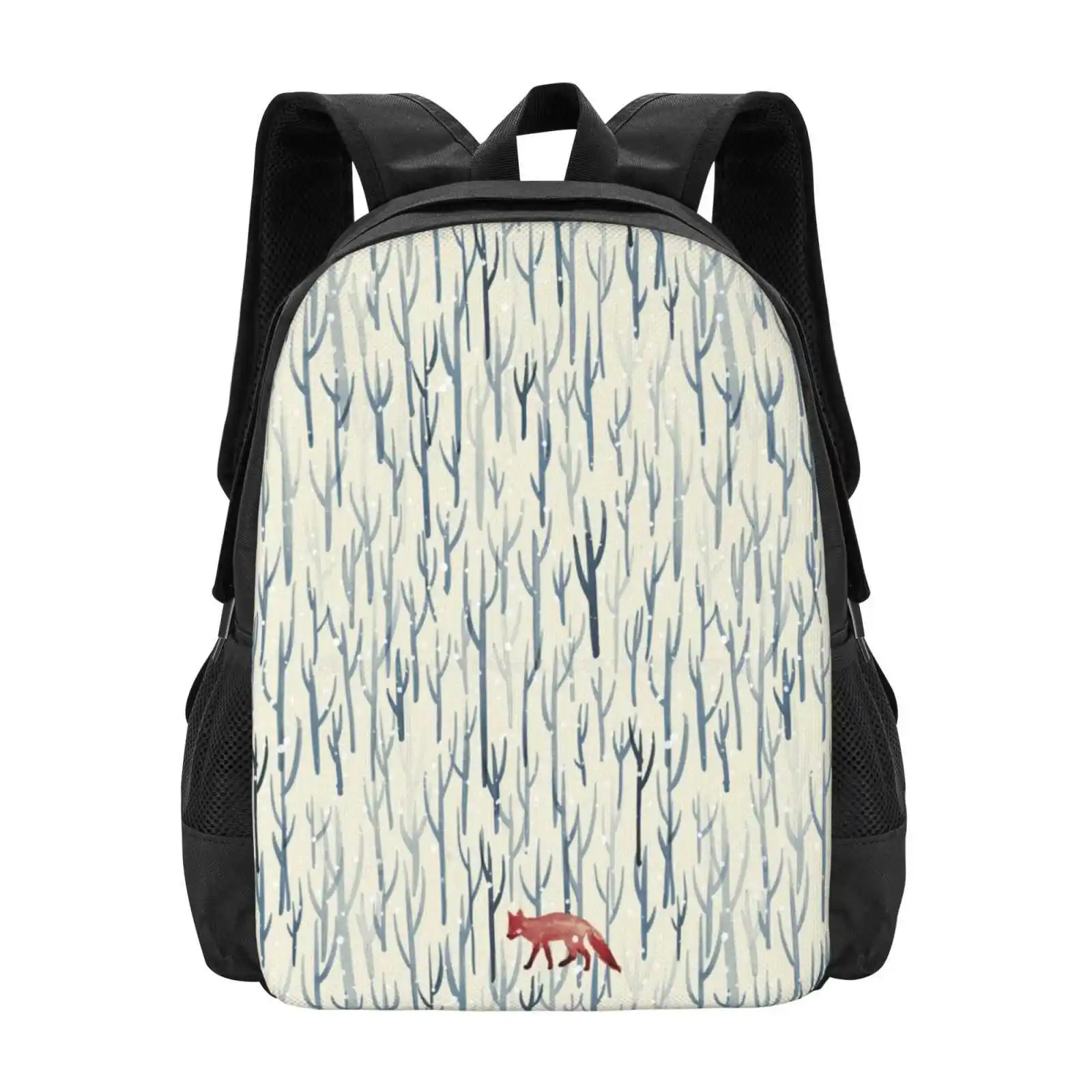 

Winter Wood Hot Sale Backpack Fashion Bags Fox Snow Woods Trees Watercolor Blue Red Ink Forest Walk Trail Nature Pattern