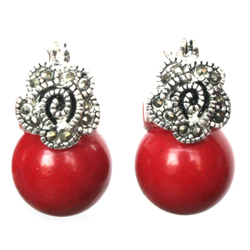 

Boucles d'oreilles en perles de corail rouge pour femmes, marcassite et fleur en argent 925, 12mm, 5.29